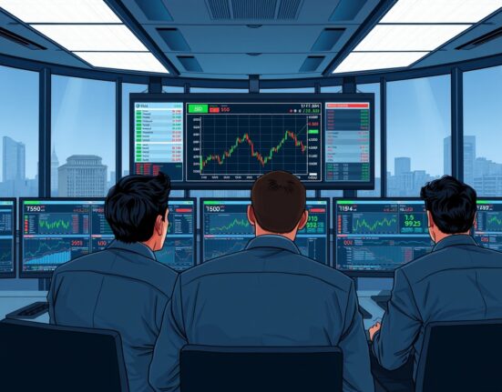 Financial analysts monitor USD index charts and global news, representing HSBC's conflict-driven dollar risk analysis.