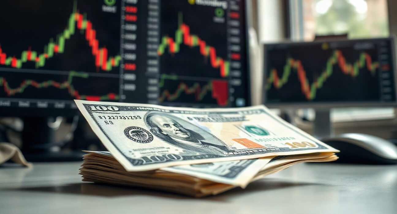 US dollar banknote on a trading desk with financial charts in background