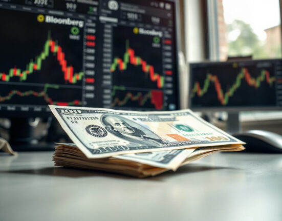 US dollar banknote on a trading desk with financial charts in background