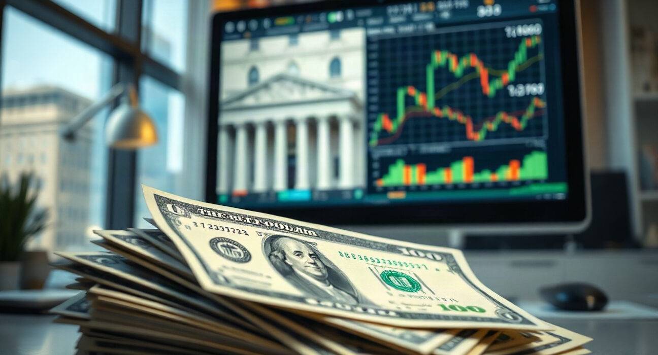 US dollar banknotes and financial charts on a computer screen in a modern office