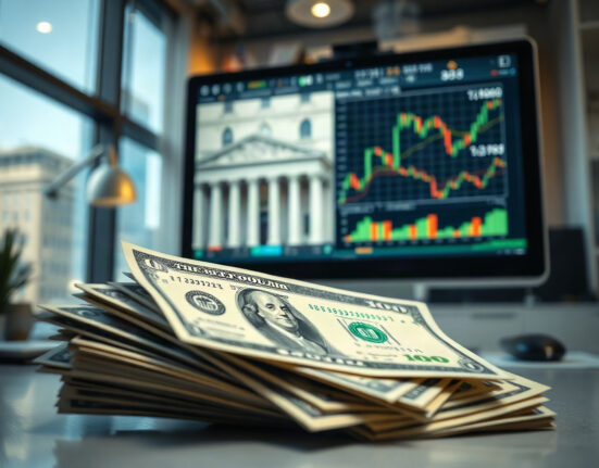 US dollar banknotes and financial charts on a computer screen in a modern office