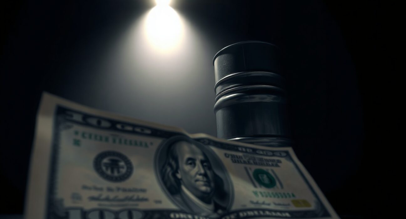 US Dollar banknote and oil barrel in dim trading floor setting representing currency and energy market risks.