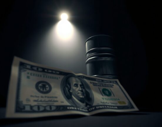 US Dollar banknote and oil barrel in dim trading floor setting representing currency and energy market risks.