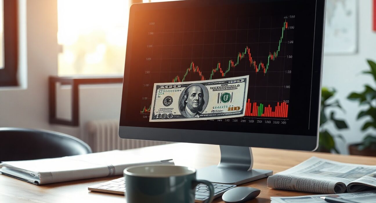 US dollar banknote and stock chart on a desk in a modern office