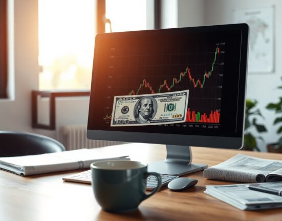 US dollar banknote and stock chart on a desk in a modern office