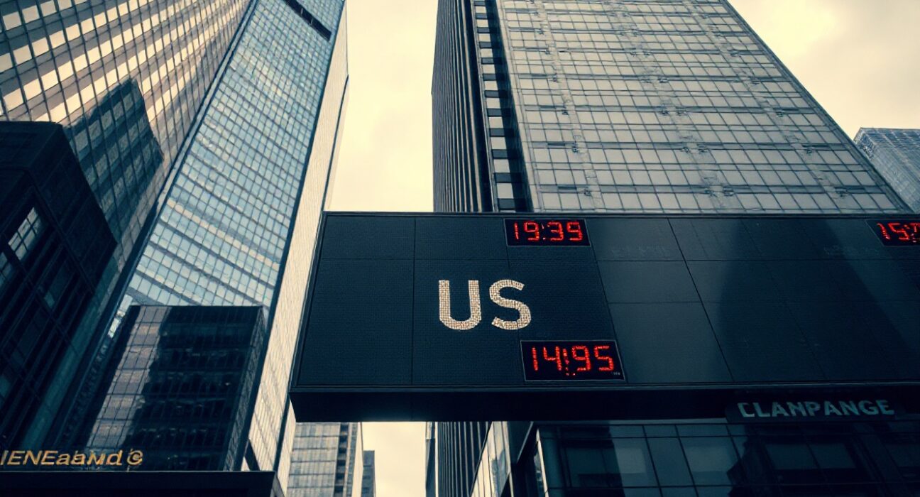 Currency exchange board showing US dollar rates on a cloudy afternoon in a financial district