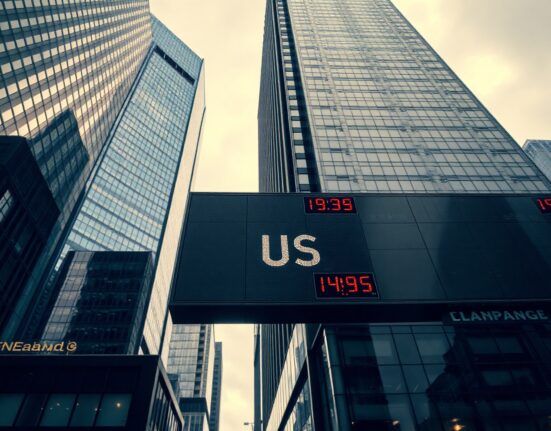Currency exchange board showing US dollar rates on a cloudy afternoon in a financial district
