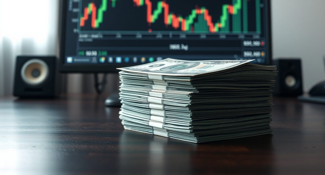 Stack of US dollar bills on desk with financial chart in background indicating potential market shift