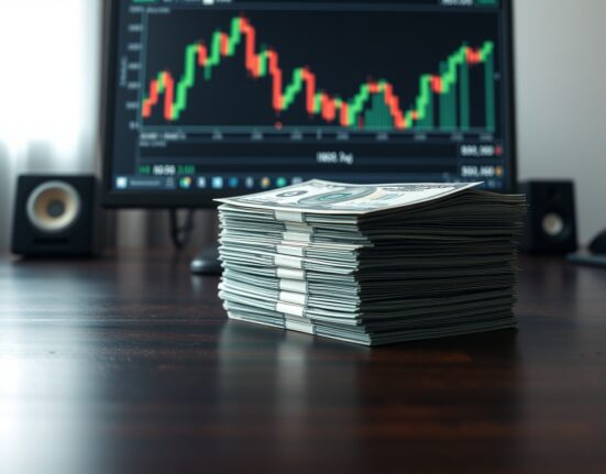 Stack of US dollar bills on desk with financial chart in background indicating potential market shift