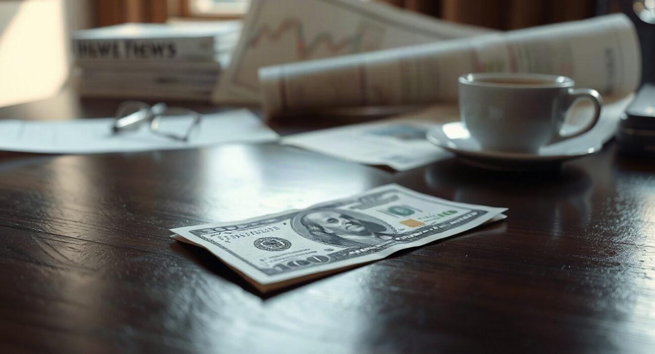 US dollar banknote on desk with financial newspaper in background