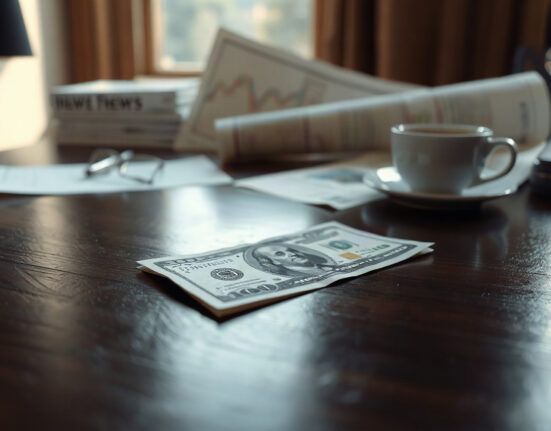 US dollar banknote on desk with financial newspaper in background