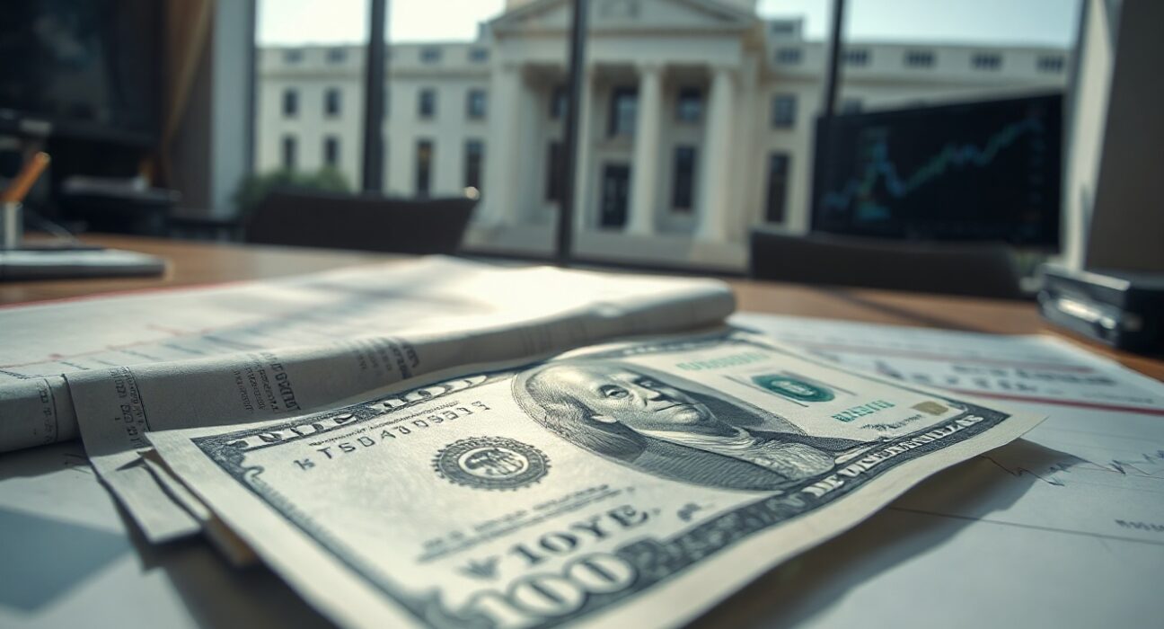 US Dollar banknotes with a CPI chart and Federal Reserve building in background
