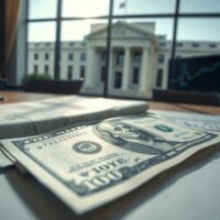 US Dollar banknotes with a CPI chart and Federal Reserve building in background