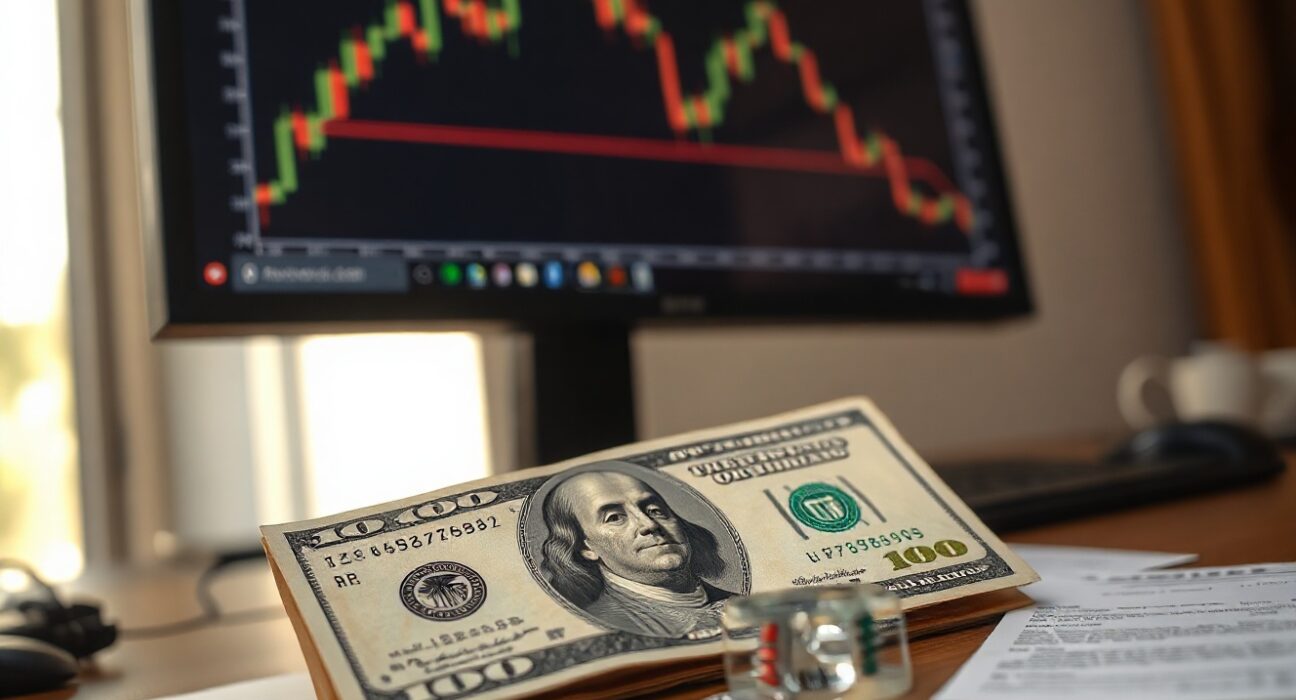 US Dollar banknote on a financial desk with a chart on a monitor in the background