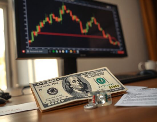 US Dollar banknote on a financial desk with a chart on a monitor in the background