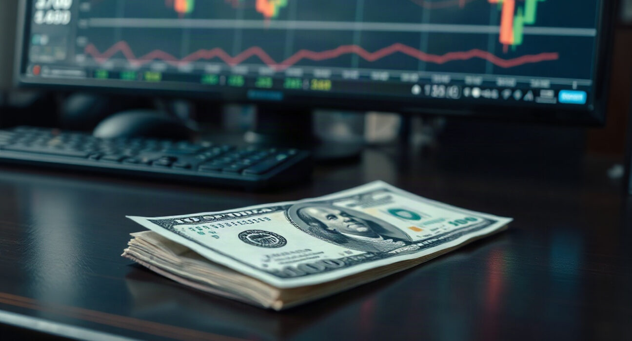 US dollar banknote on a desk with a financial chart monitor in the background