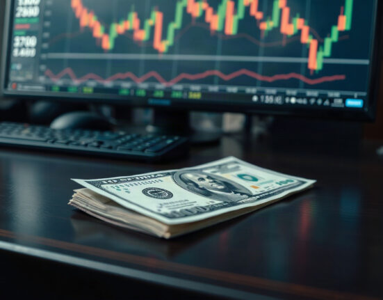 US dollar banknote on a desk with a financial chart monitor in the background