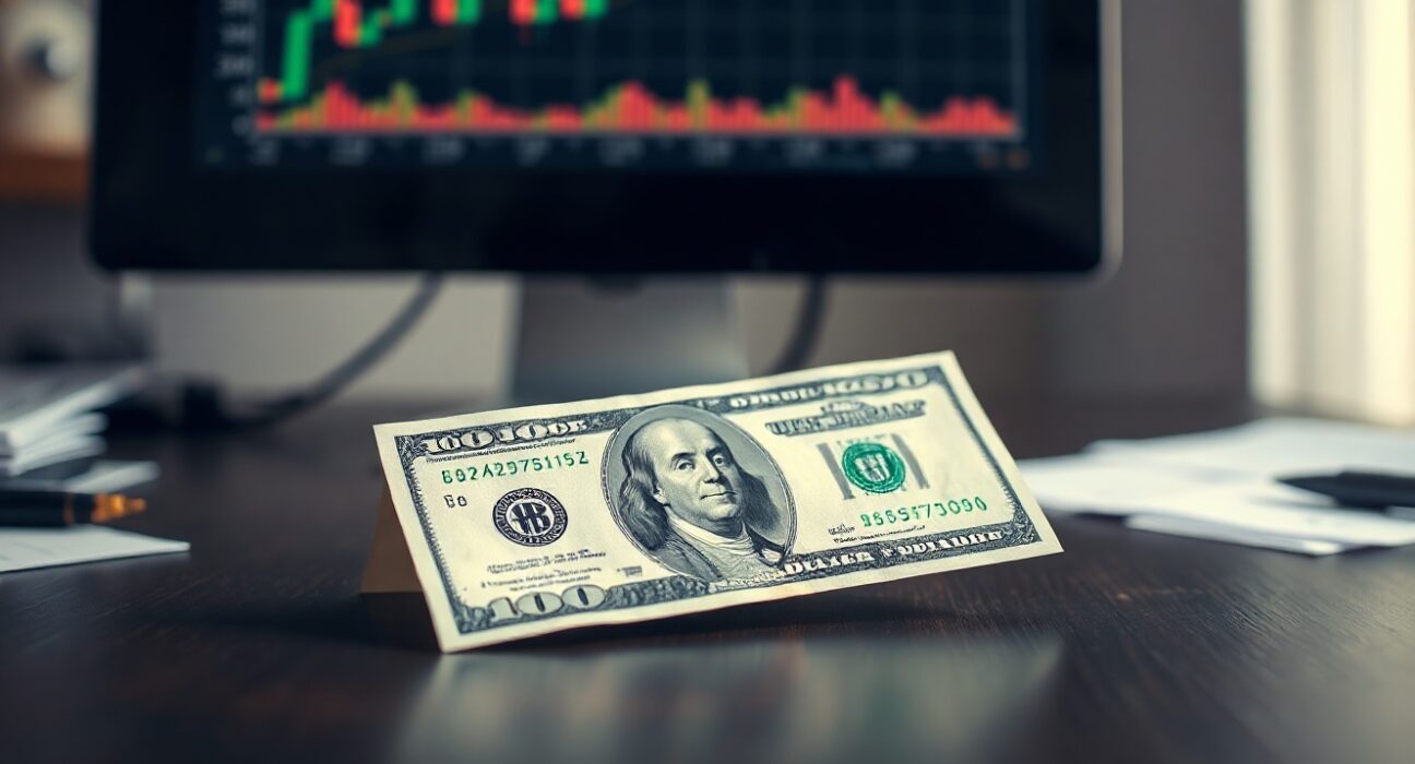 US Dollar banknote on a desk with a DXY chart in the background, representing year-end forex analysis.