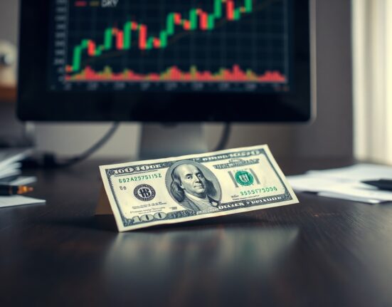 US Dollar banknote on a desk with a DXY chart in the background, representing year-end forex analysis.
