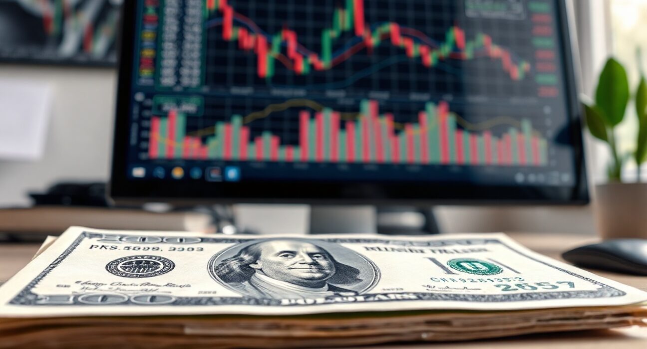 US dollar banknotes and financial charts on a monitor in an office setting