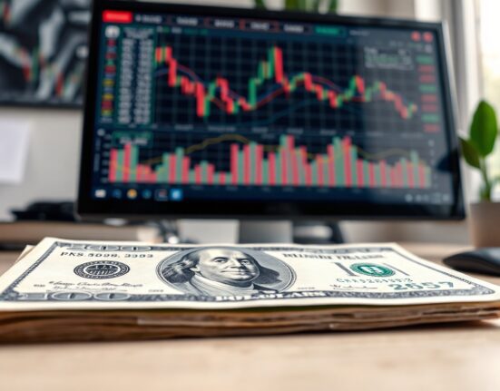 US dollar banknotes and financial charts on a monitor in an office setting