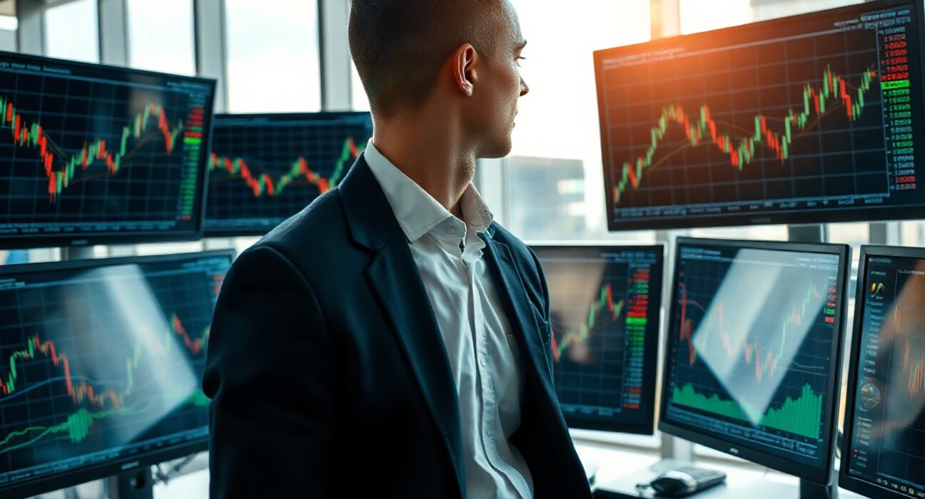 Financial analyst monitoring forex charts and economic data on multiple screens in a modern office.