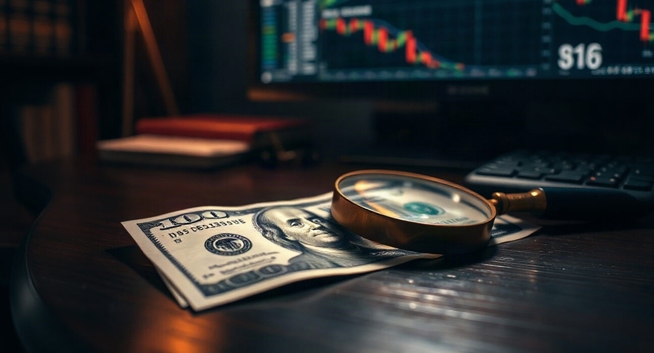 US dollar banknote with magnifying glass on desk, symbolizing analysis of currency debasement concerns
