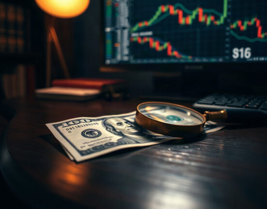 US dollar banknote with magnifying glass on desk, symbolizing analysis of currency debasement concerns