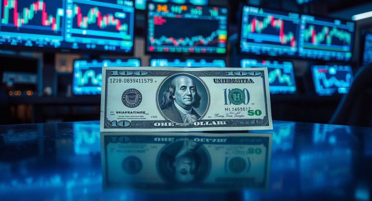 US dollar banknote on trading desk with charts in background
