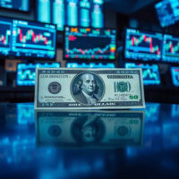 US dollar banknote on trading desk with charts in background