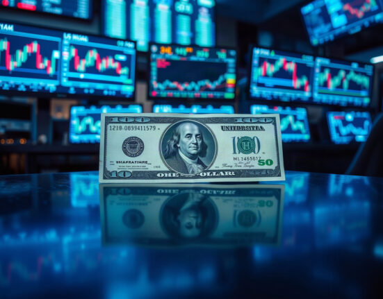 US dollar banknote on trading desk with charts in background