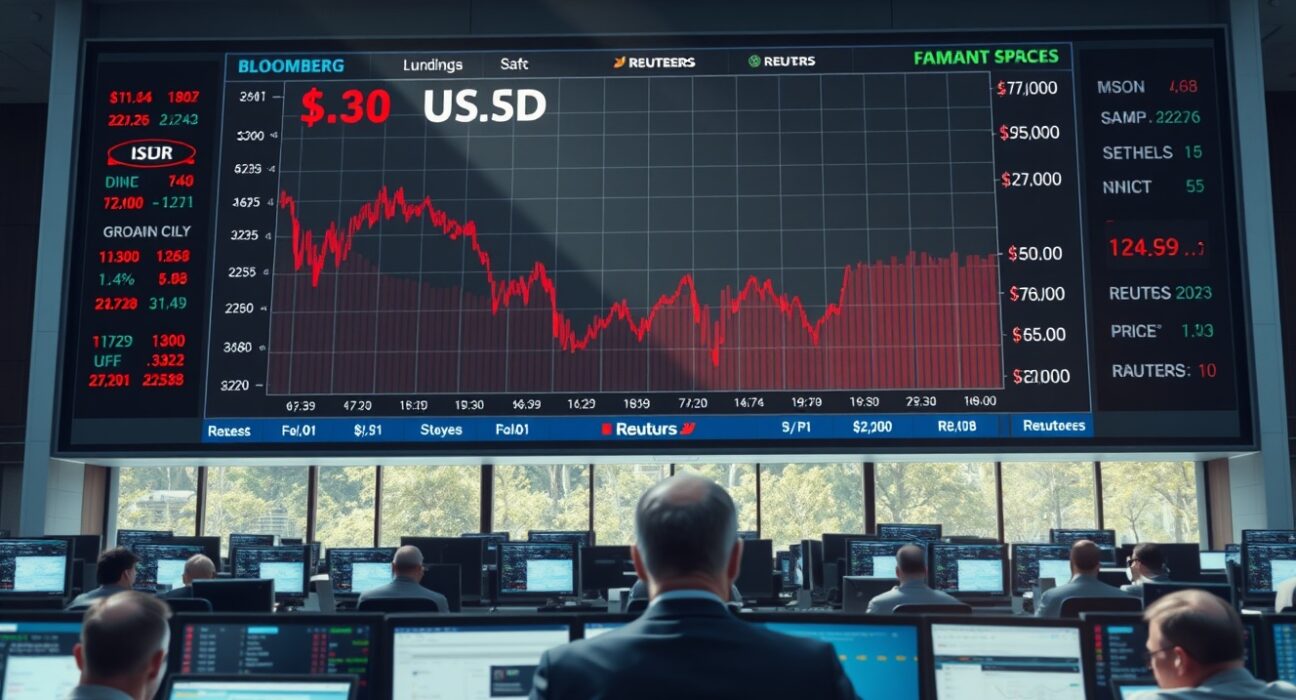 Trading floor monitoring US Dollar decline and oil price volatility on digital market boards