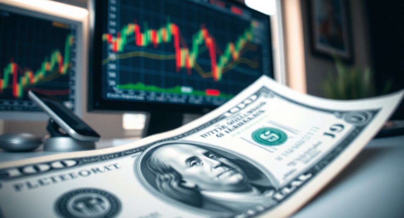US dollar banknote in focus with financial charts on a monitor in the background