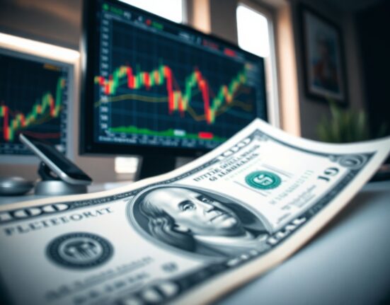 US dollar banknote in focus with financial charts on a monitor in the background