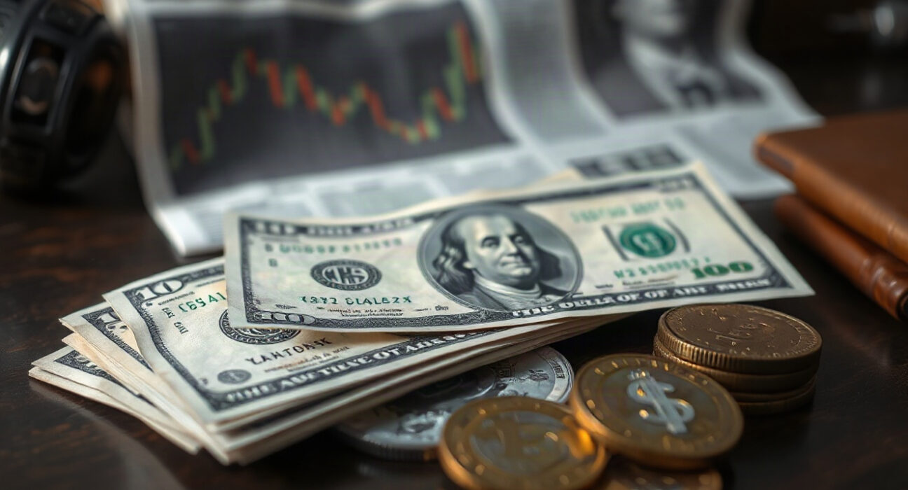 US dollar banknotes and coins on a desk with a financial newspaper in the background, representing currency market analysis.