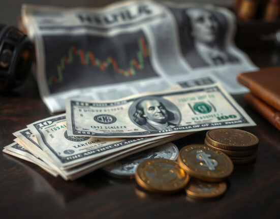 US dollar banknotes and coins on a desk with a financial newspaper in the background, representing currency market analysis.