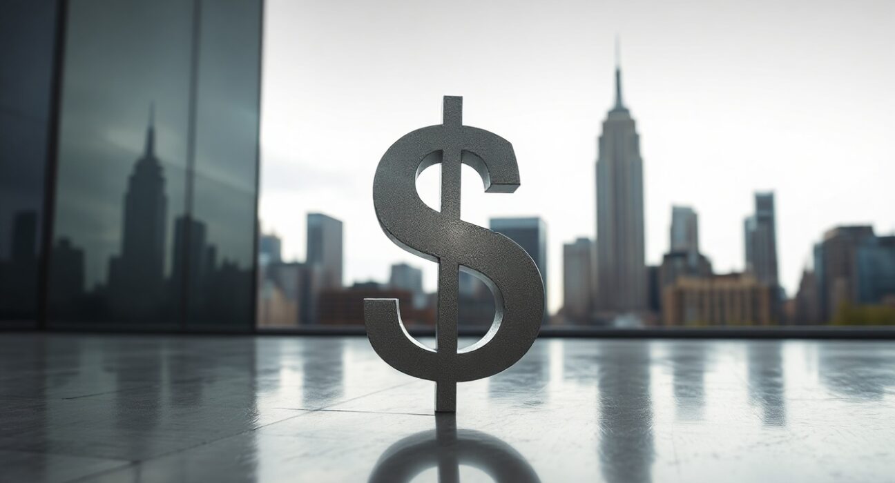 US dollar symbol in foreground with financial district skyline in background, representing currency market analysis.