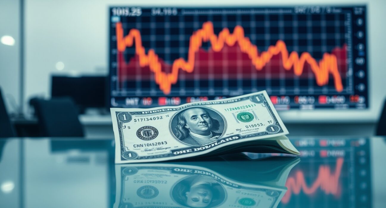 US dollar banknote on desk with financial chart showing downward trend in background