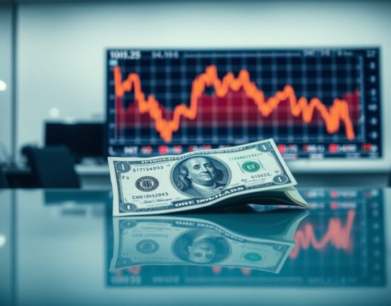 US dollar banknote on desk with financial chart showing downward trend in background