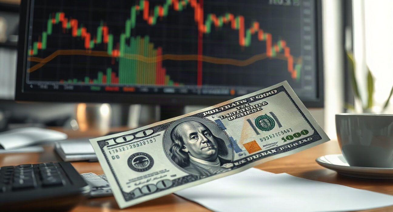 US dollar banknote with financial charts on a desk, representing currency market analysis