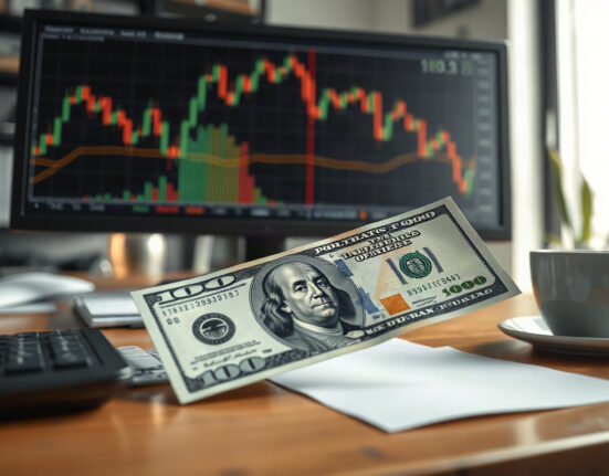 US dollar banknote with financial charts on a desk, representing currency market analysis