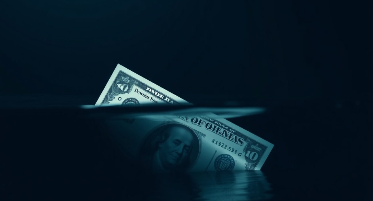 US dollar bill partially submerged in water representing downside risk and uncertainty in currency markets.