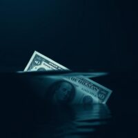 US dollar bill partially submerged in water representing downside risk and uncertainty in currency markets.