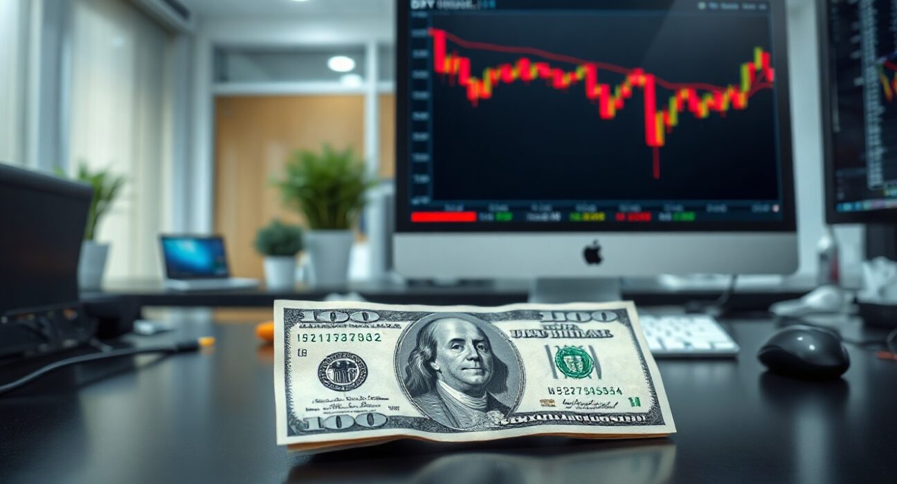 US dollar banknote and DXY chart on a trading desk, indicating downside risks.