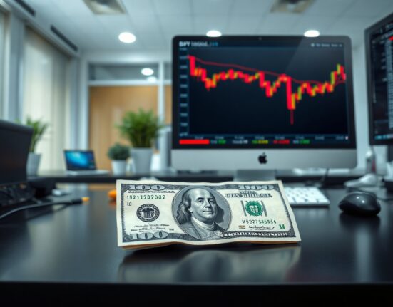 US dollar banknote and DXY chart on a trading desk, indicating downside risks.