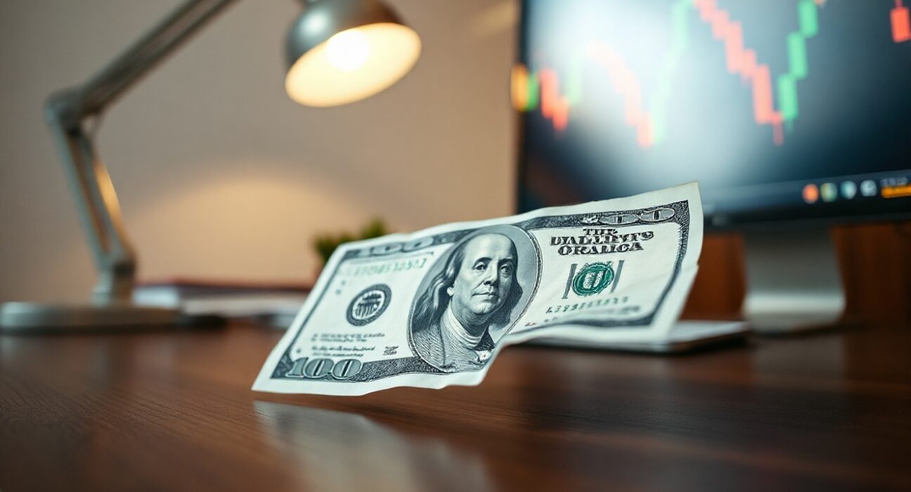 US Dollar banknote on a desk in a trading office, representing the currency's recent rebound.
