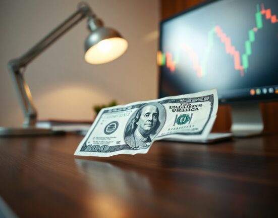 US Dollar banknote on a desk in a trading office, representing the currency's recent rebound.