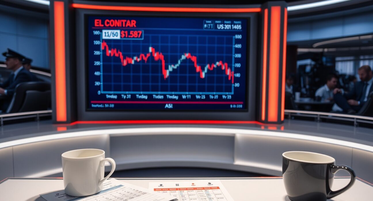 Forex chart showing US Dollar index decline in a news studio setting