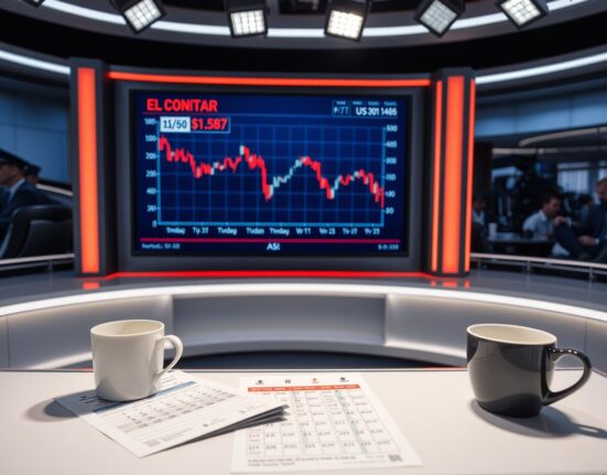 Forex chart showing US Dollar index decline in a news studio setting