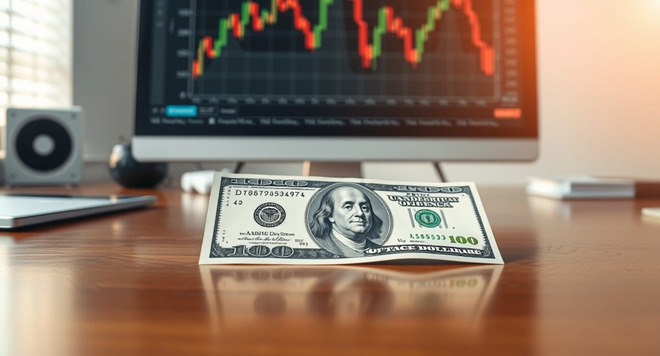 US dollar banknote on a desk with a financial chart showing a decline in the background